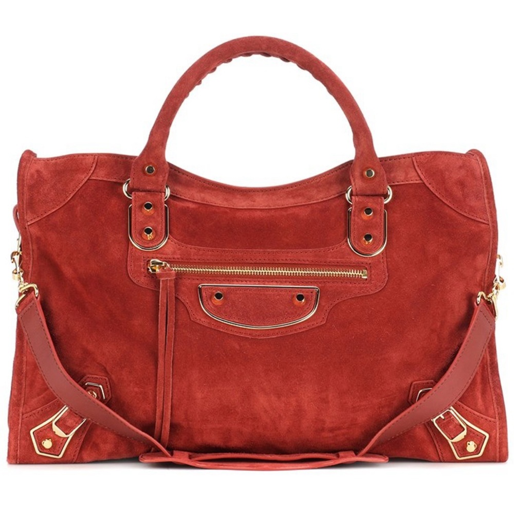 Auth Le City Balenciaga Suede Bag Brick red brown Gold metallic edge medium Rare
